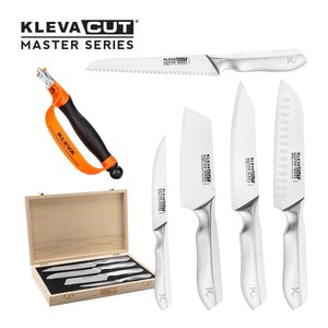 Introducing the KlevaCut® Master Series TV Exclusive 4pc Knife Set from Kleva Range | Life Just Got Better, featuring four premium stainless steel knives with ergonomic handles, a complimentary bread knife, and a universal sharpener in striking orange and black. This set comes beautifully presented in a wooden storage box. The knives are displayed upright as well as neatly arranged inside the open box, with clear KlevaCut branding visible.