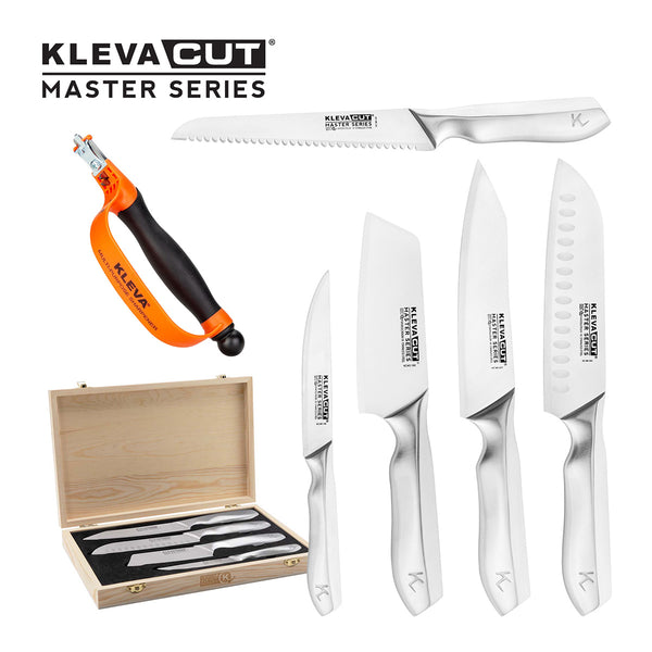 Introducing the KlevaCut® Master Series TV Exclusive 4pc Knife Set from Kleva Range | Life Just Got Better, featuring four premium stainless steel knives with ergonomic handles, a complimentary bread knife, and a universal sharpener in striking orange and black. This set comes beautifully presented in a wooden storage box. The knives are displayed upright as well as neatly arranged inside the open box, with clear KlevaCut branding visible.