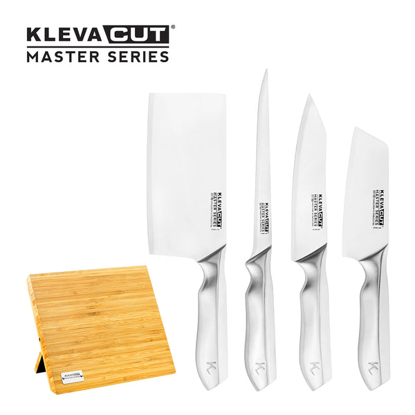 The KlevaCut® Master Series Bamboo Specialist 4pc Knife Set with Block & Sharpener by Kleva Range features four Japanese steel knives with modern handles, arranged upright next to the included block and sharpener.