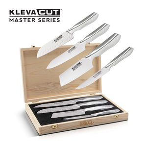 The KlevaCut® Master Series Fresh Prep & Harvest 4pc Set by Kleva Range features four stainless steel kitchen knives displayed above an open bamboo storage case with a black foam interior, showcasing the neatly arranged limited edition set.