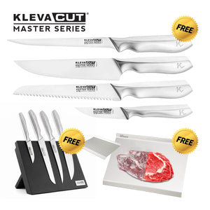 The Kleva Range KlevaCut® Master Series TV Exclusive 4pc Knife Set with Magnetic Block & Defrosting Tray is displayed, featuring four premium kitchen knives made from Japanese Vamolcrium stainless steel, a magnetic knife block, knife sharpeners, and a cutting board with raw meat. The set is branded with the KlevaCut Master Series logo and “FREE” labels on several items.