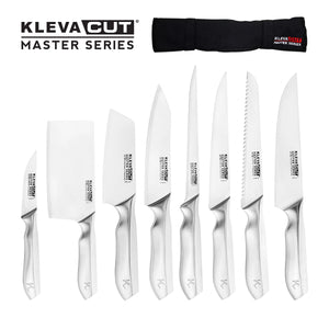 The Kleva Range KlevaCut® Master Series Culinary Masterclass 8pc Knife Set features Vamolcrium steel blades, each branded and neatly lined up, with a professional black satchel showcased above them.