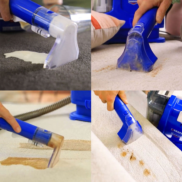 Four images show the KRAPOF® Spot & Stain Portable Remover by Kleva Range tackling tough carpet and upholstery stains, with a clear nozzle revealing stains vanishing as it cleans; BONUS cleaning solution included.