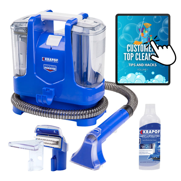 The KRAPOF® Spot & Stain Portable Remover by Kleva Range features a handle, hose, bonus cleaning solution, two detachable nozzles, and a digital cleaning tips guide for tackling tough stains on the go.