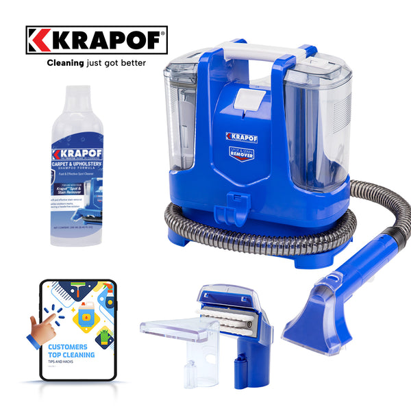 The KRAPOF® Spot & Stain Portable Remover by Kleva Range includes a hose, cleaning tool, BONUS solution, and features clear blue design with close-ups of pet stain remover parts; plus a phone shows customer ratings.