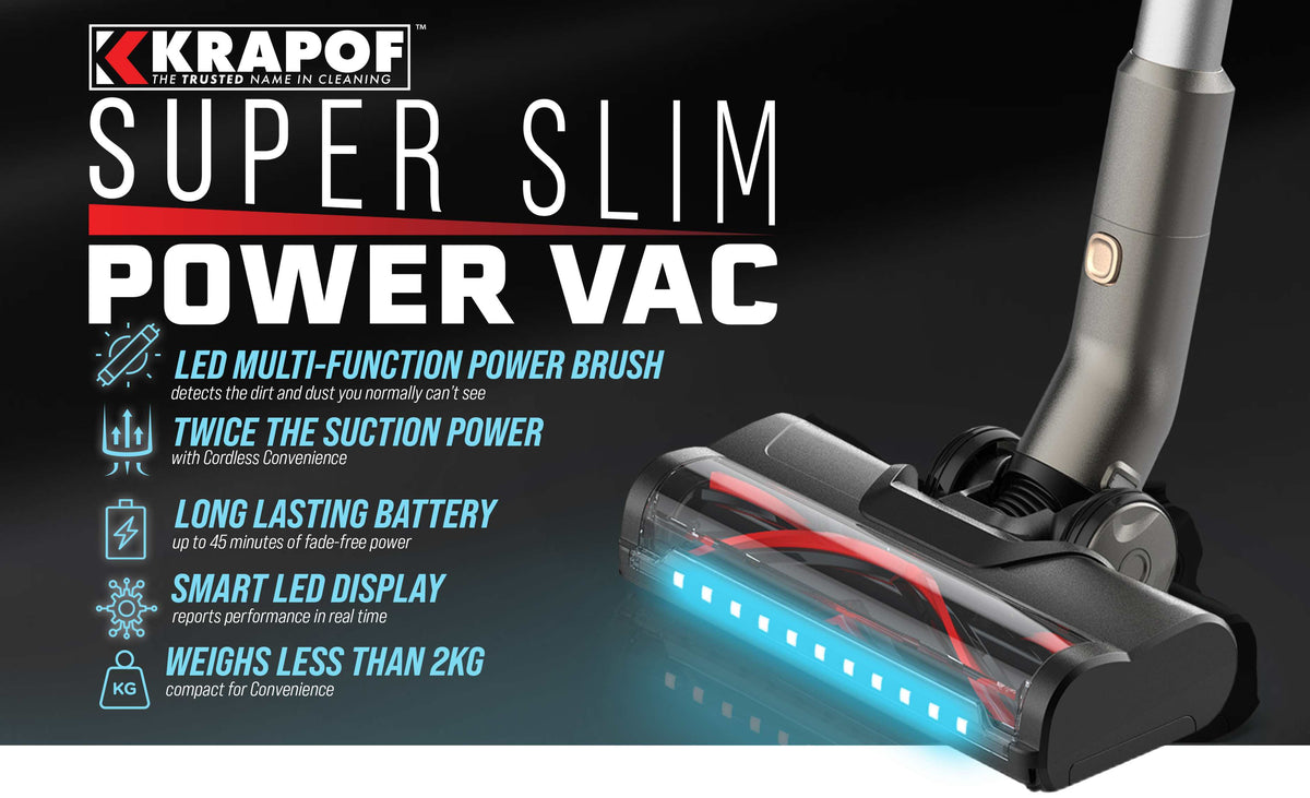 KRAPOF® Super Slim Power Vac Cordless Stick Vacuum + Extra FREE Second Kleva Range Everyday