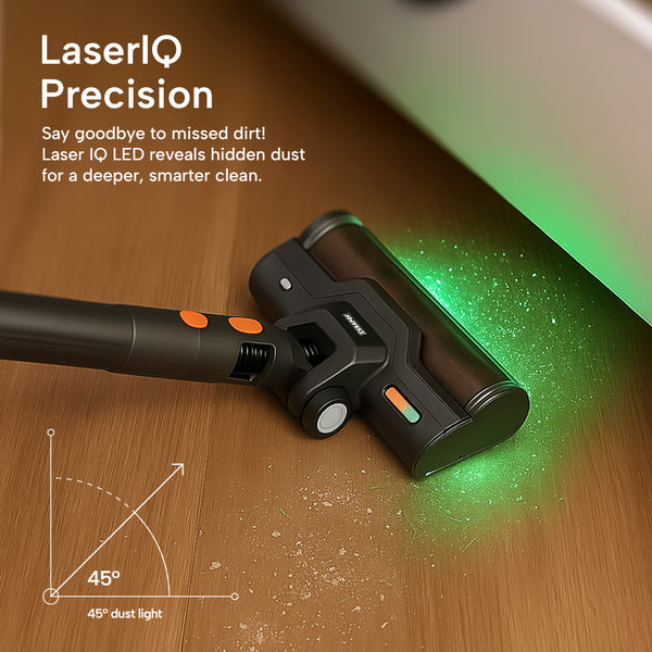 Auto Clean Power Q3 with LaserIQ LED illuminating hidden dust on floor