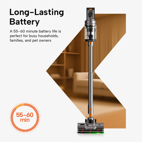 Auto Clean Power Q3 with text highlighting 55–60 minute battery life for busy households.
