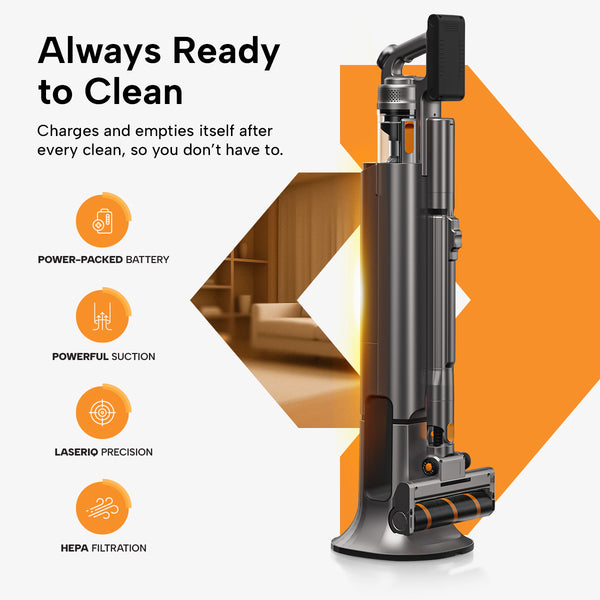 Auto Clean Power Q3 in docking station with features listed