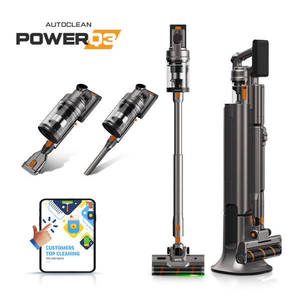 Auto Clean Power Q3 shown in multiple configurations with attachments, docking station, and a cleaning tips guide.