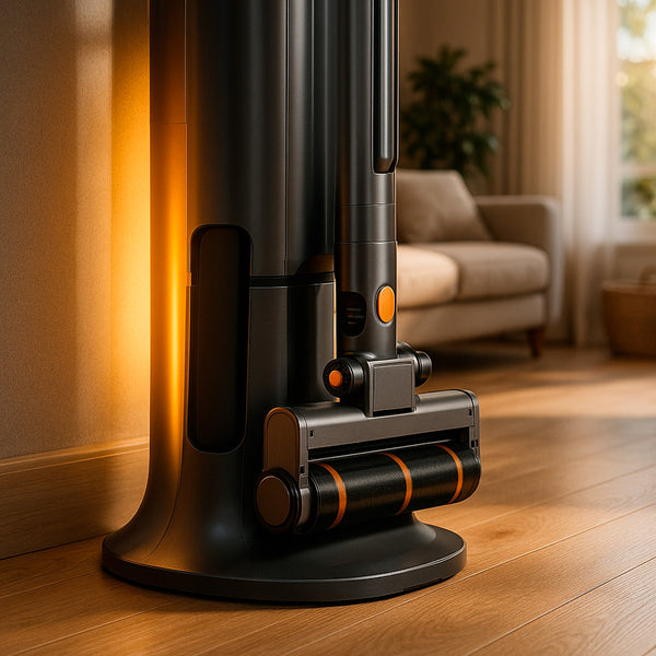 Close-up of Krapof Auto Clean Power Q3  vacuum in sleek charging dock 