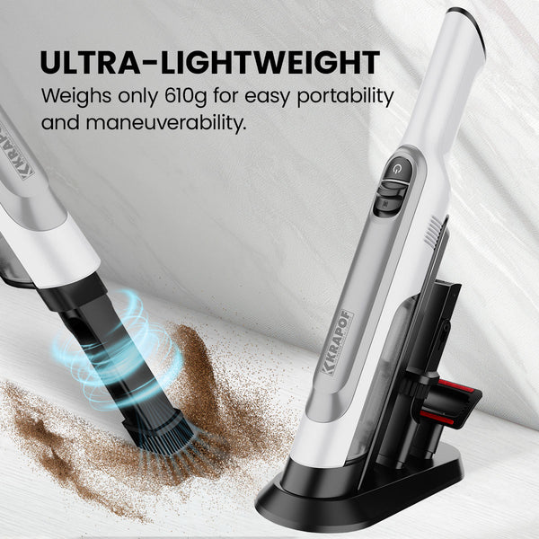 The KRAPOF® Portable Mini Plus Handy Cordless Car Vacuum Cleaner by Kleva Range is seen cleaning brown debris on a light surface, with text highlighting its ultra-lightweight 610g design for easy portability—ideal for quick cleanups.