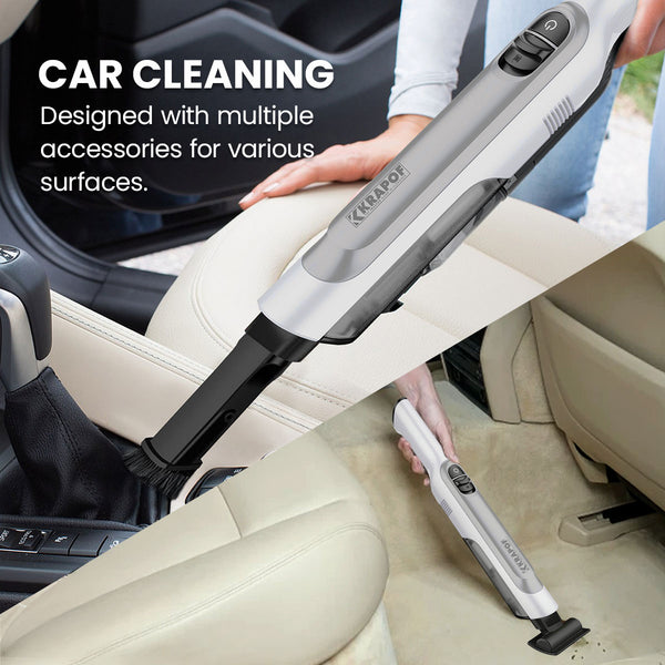 The KRAPOF® Portable Mini Plus Handy Cordless Car Vacuum Cleaner by Kleva Range features powerful suction and multiple accessories, making it easy to clean car seats and floors for spotless interiors. Lightweight and ideal for fabric or carpeted surfaces.