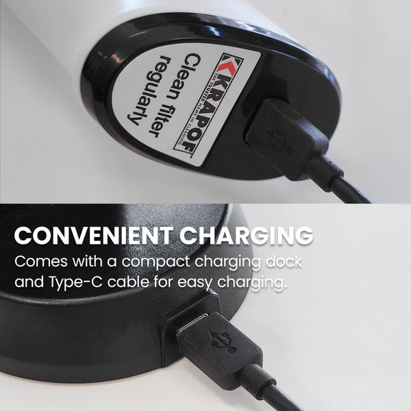 A close-up of the KRAPOF® Portable Mini Plus Handy Cordless Car Vacuum Cleaner by Kleva Range shows its “Clean filter regularly” label and USB/Type-C charging cables, highlighting its lightweight and convenient cordless design.