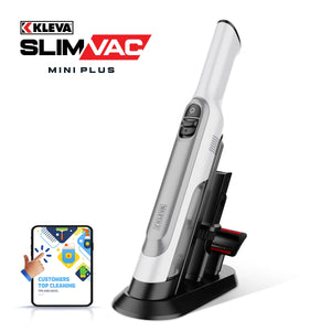 A KLEVA® Portable Mini Plus Handy Cordless Car Vacuum Cleaner by Kleva Range stands upright on a charging stand. Next to it, a badge shows cleaning icons with the words: CUSTOMERS TOP CLEANING, TIPS AND MORE.