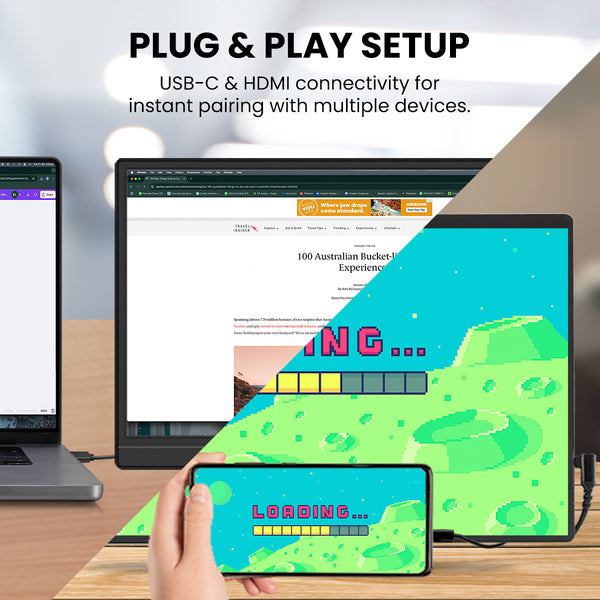 A split image shows the Kleva Range 15.6" Screen Extender Portable Monitor connected to a laptop (left) and an iPhone (right), highlighting plug-and-play USB-C/HDMI connectivity for Full HD display expansion.