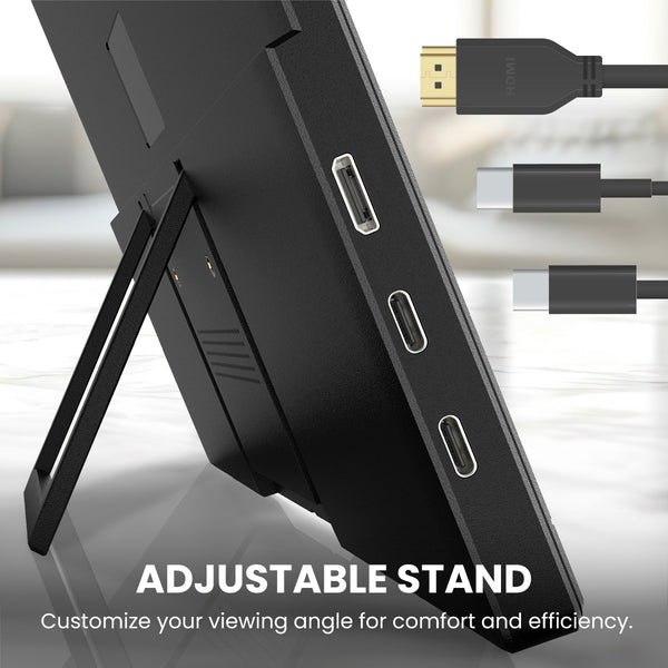 A close-up of the Kleva Range Portable 15.6" Screen Extender shows its adjustable stand and HDMI, USB-C, plus an extra port. Text below reads: “ADJUSTABLE STAND. Customize your viewing angle for comfort and efficiency.”.
