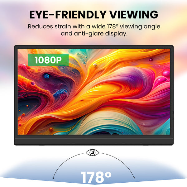 The Kleva Range Portable 15.6" Screen Extender Monitor shows a vibrant abstract image, with text above highlighting eye-friendly viewing, a 178° viewing angle, anti-glare Full HD display, and 1080P resolution. Eye and 178° icons appear below.
