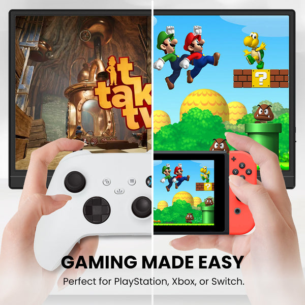 A split-screen image shows hands holding controllers before a Kleva Range Portable 15.6" Screen Extender displaying It Takes Two and Super Mario. The Full HD monitor reads Gaming Made Easy; ideal for PlayStation, Xbox, Switch, laptop, MacBook & iPhone.