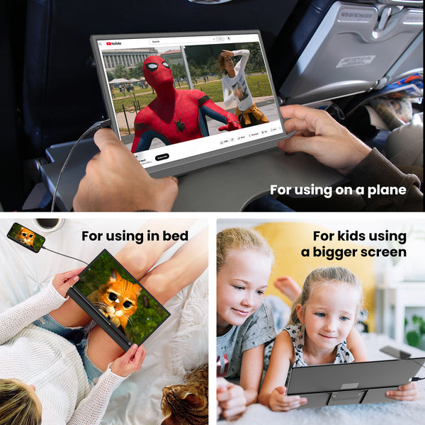 A collage shows a person holding the Kleva Range Portable 15.6" Screen Extender, a Full HD monitor for laptop, PC, MacBook, Switch & iPhone.