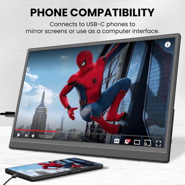 The Kleva Range Portable 15.6" Screen Extender displays a Spider-Man movie in Full HD, connected to an iPhone via USB-C for screen mirroring. Text above highlights iPhone compatibility and the perks of expanding your phone's display with Kleva.