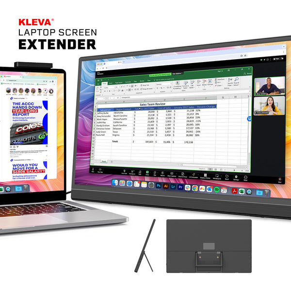 A laptop with a Kleva Range Portable 15.6" Screen Extender displays a web browser and a video call spreadsheet on its Full HD monitor, while the extender’s back is also shown. Compatible with Laptop, PC, MacBook, Switch & iPhone.