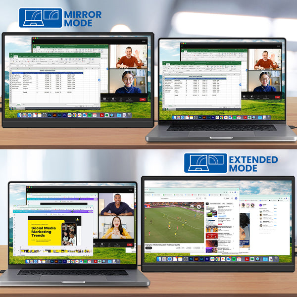 Four laptops show two display options: Mirror Mode and Extended Mode using the Kleva Range Kleva Portable 15.6" Screen Extender Portable Monitor for work, meetings, or media on separate Full HD screens.