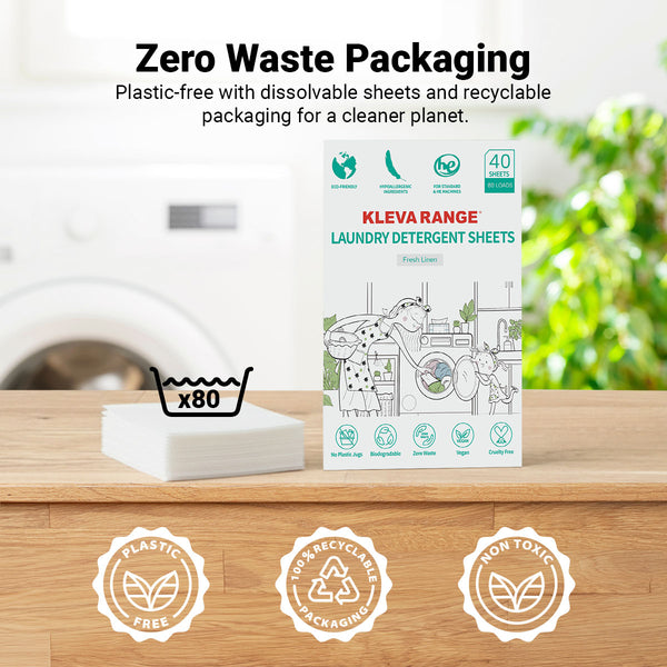 Kleva Range Stain Lifting Laundry Detergent Sheets Fresh Linen (40 sheets) on a kitchen counter beside laundry sheets. Zero waste, plastic-free, recyclable, non-toxic packaging. 40 loads per pack. Icons shown below.