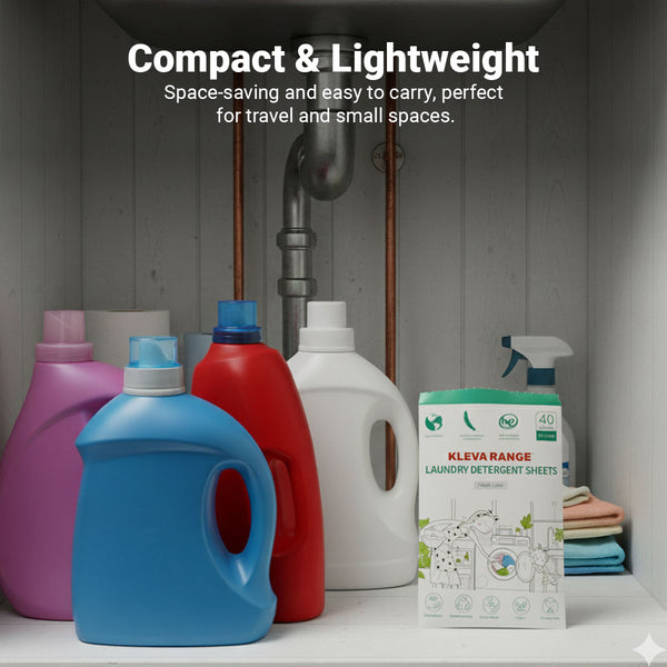 Kleva Range Stain Lifting Laundry Detergent Sheets Fresh Linen (40 Sheets) are stacked on a shelf beneath a sink with bulky detergent bottles. Above, text highlights their compact, lightweight design—perfect for plastic-free laundry.