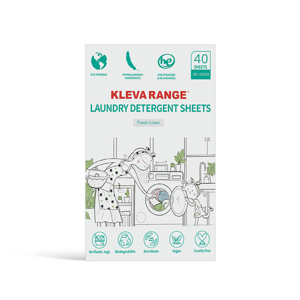 Kleva Range Stain Lifting Laundry Detergent Sheets, Fresh Linen scent (40 sheets), feature animal laundry illustrations and highlight plastic-free, biodegradable, vegan, and cruelty-free eco-friendly cleaning.