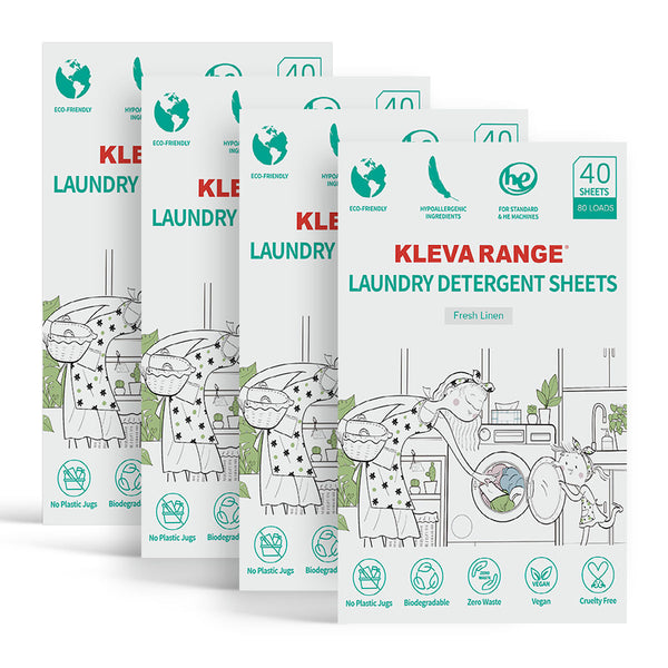 Four boxes of Kleva Range Stain Lifting Laundry Detergent Sheets Fresh Linen 40 Sheets are shown, each with a green and white eco-friendly design, laundry icons, plastic-free label, and washing machine illustration.