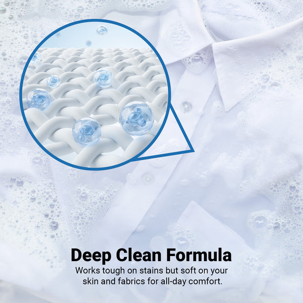 A white shirt in soapy water with a magnified section shows Kleva Range Stain Lifting Laundry Detergent Sheets Fresh Linen deep cleaning fabric fibers. Text: Powerful on stains, gentle on skin and fabrics for all-day comfort—40 sheets per pack.