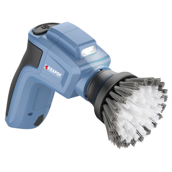 The Kleva Range KRAPOF® Electric Lumi Scrub Pocket Cleaner features 5 replaceable heads, a power button, and an LED above the brush for efficient cleaning.
