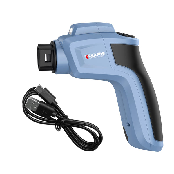 A blue KRAPOF® Electric Lumi Scrub Pocket Cleaner by Kleva Range with 5 replaceable cleaning heads and a USB charging cable is shown; it looks like an electric screwdriver but is designed for cleaning, not for driving screws.