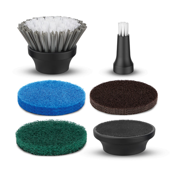The KRAPOF® Electric Lumi Scrub Pocket Cleaner by Kleva Range includes 5 replaceable heads: a large round brush, narrow brush, blue sponge, brown scrub pad, and green scrub pad.