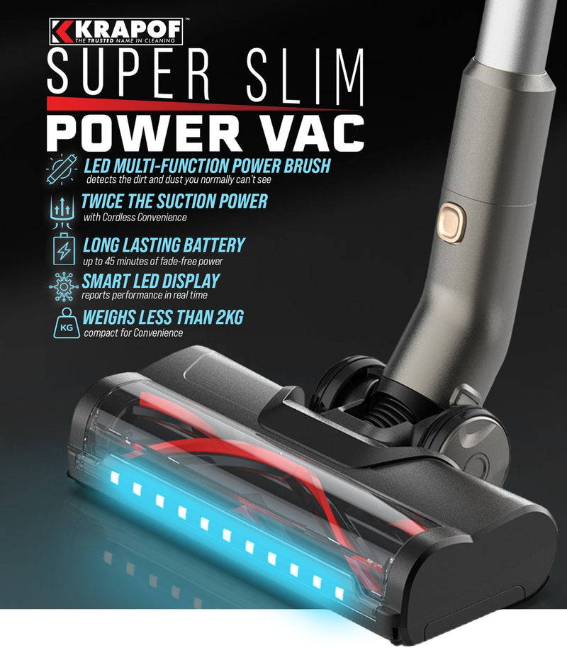 KRAPOF® Super Slim Power Vac Cordless Stick Vacuum + Extra FREE Second Kleva Range Everyday