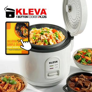 Kleva 1 Button Cooker Plus with cooked meals and Kleva branding