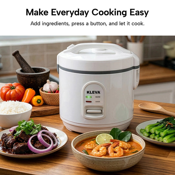 Kleva rice cooker on a kitchen counter with cooked meals around it, featuring text 'Make Everyday Cooking Easy'.
