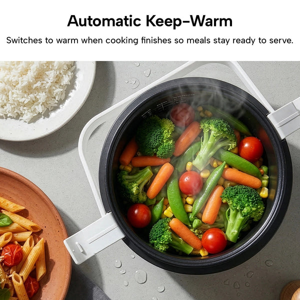 Cooked vegetables in a pot with an automatic keep-warm feature, next to plates of rice and pasta.
