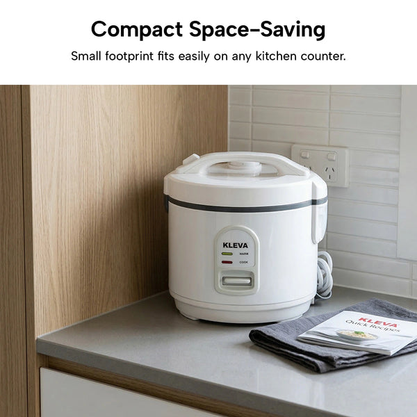 White rice cooker on a kitchen counter with 'Kleva' branding, text about compact space-saving design.