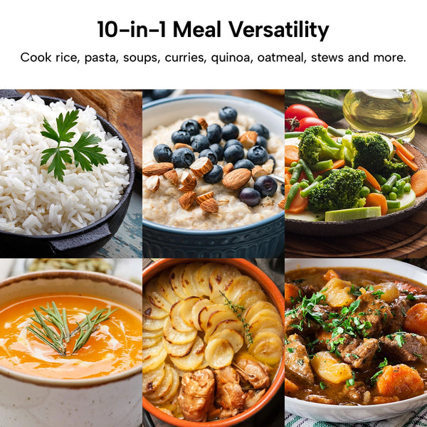Collage of various meals including rice, soup, and stew with text about meal versatility.