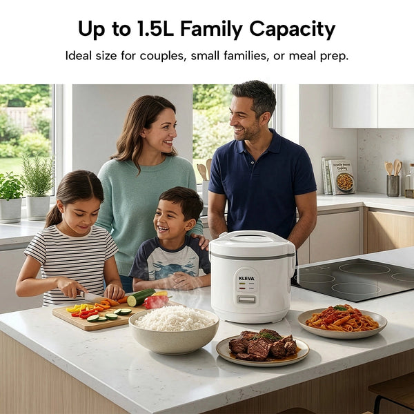 Family in a kitchen with a rice cooker, ideal for small families or meal prep.