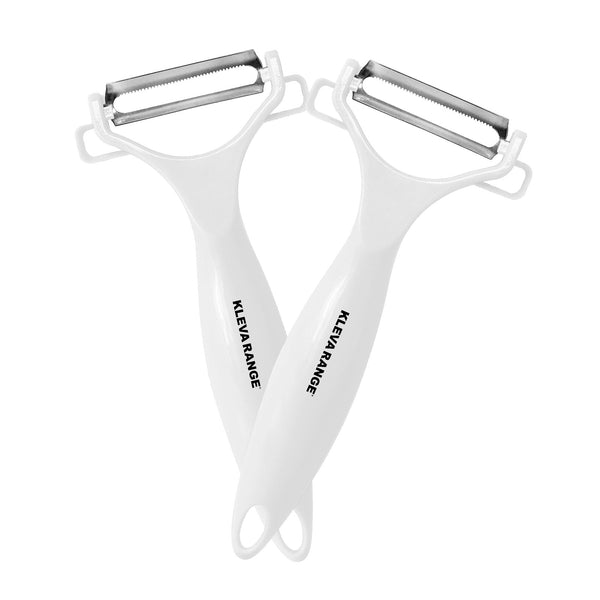 Two Kleva Range Precision Peelers with ultra sharp double-sided stainless steel blades are placed side by side on a white background—perfect for efficient double blade peeling.