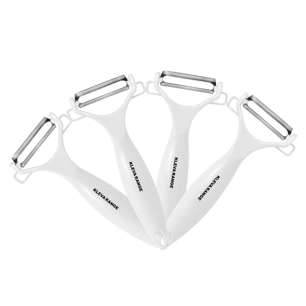 Four white Kleva Precision Peelers with ultra sharp double-sided stainless steel blades are arranged in a fan shape on a white background. Each handle features the Kleva Range brand name in black text.
