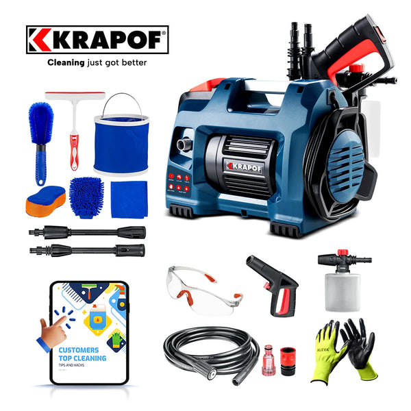 Krapof electric pressure washer with full cleaning kit accessories including hose, brushes, foam bottle and nozzles