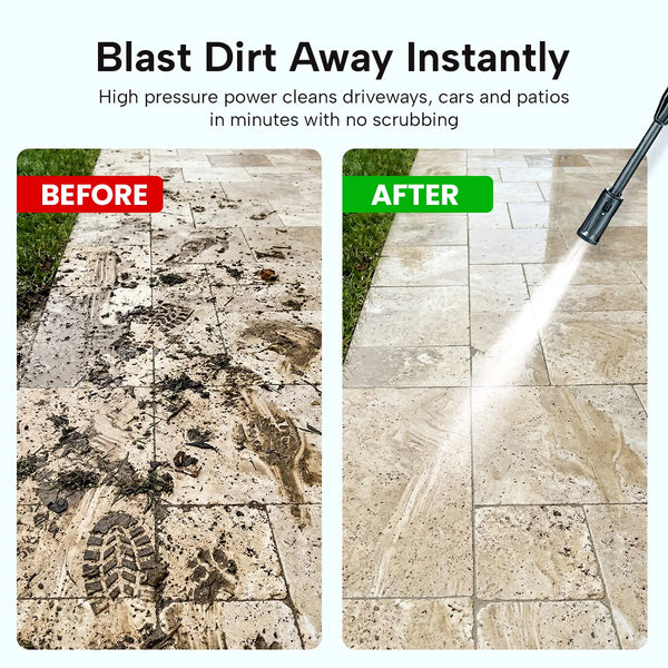 before and after patio cleaning with high pressure washer removing dirt and mud from outdoor tiles