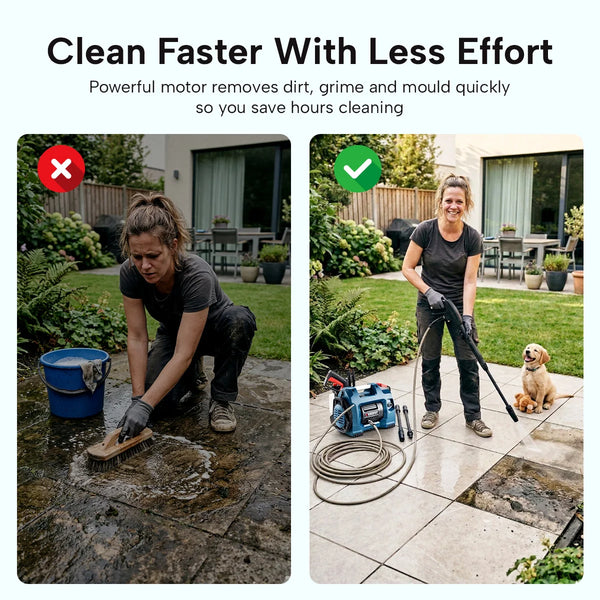 pressure washer vs manual scrubbing showing faster outdoor cleaning with high pressure cleaner