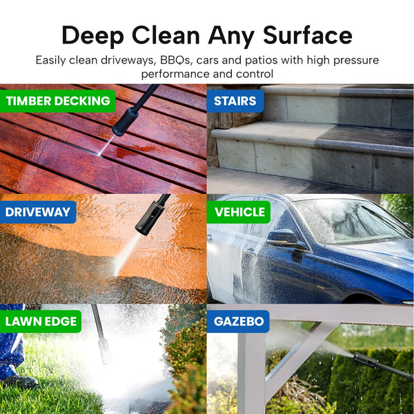 pressure washer cleaning timber decking driveway car stairs lawn edge and gazebo surfaces