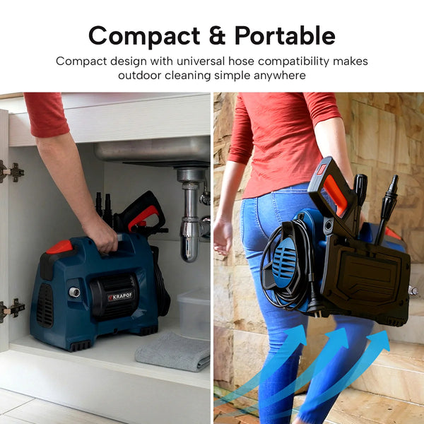 compact portable electric pressure washer being carried and stored easily for outdoor cleaning
