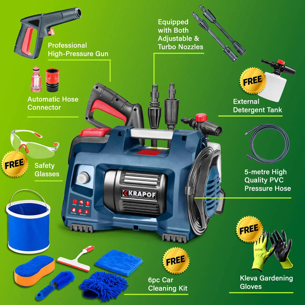 pressure washer kit with adjustable nozzles hose connector detergent tank safety glasses and cleaning tools